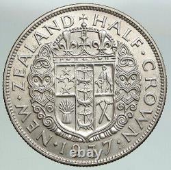 1937 NOUVELLE-ZÉLANDE sous le règne du roi George VI du Royaume-Uni, vieille pièce en argent de 1/2 couronne avec le blason i92132