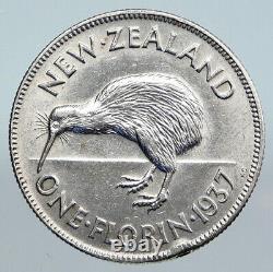 1937 Nouvelle Zelande Sous Le Royaume-uni George V Argent Florin Coin W Kiwi Bird I89954