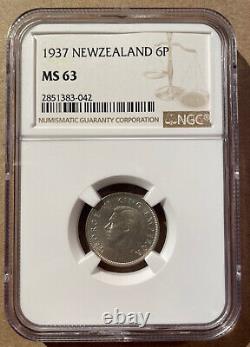 1937 Nouvelle-zélande 6 Pence Ngc Ms 63 Silver Seulement 12 Dans Les Classes Supérieures
