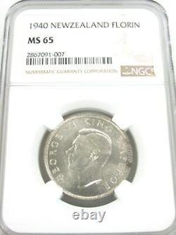 1940 Florin Kiwi en Argent de Nouvelle-Zélande NGC MS 65 Top Pop Date Clé C412