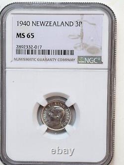 1940 Nouvelle-zélande 3 Pence Ou Trois Pence Argent Pièce Ngc Nominale Ms 65