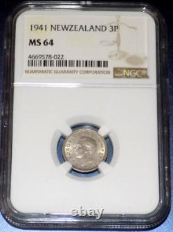 1941 Nouvelle-Zélande 3 Pence 3P NGC MS 64 KM-7 CLASSÉ CERTIFIÉ UNC MONNAIE NZ