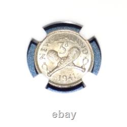 1941 Nouvelle-Zélande 3 Pence 3P NGC MS 64 KM-7 CLASSÉ CERTIFIÉ UNC MONNAIE NZ