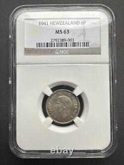 1941 Nouvelle-Zélande 6 Pence Argent NGC MS 63 Date Clé