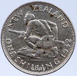 1942 NOUVELLE-ZÉLANDE ROYAUME-UNI GEORGE VI Guerrier Maori Autochtone Pièce d'Argent Shilling i118756