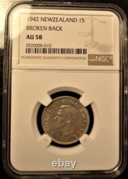 1942 Nouvelle-Zélande 1 Shilling Argent Erreur Dos Cassé NGC AU-58 Près de Non Circulé 1S