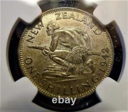 1942 Nouvelle-Zélande 1 Shilling en argent avec erreur de dos cassé NGC AU-58 Environ non circulé 1S