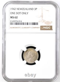 1942 Nouvelle-Zélande 3 Pence, Un Point, NGC MS 62, KM-7, Type Rare