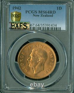 1942 Nouvelle-Zélande Penny Pcgs Ms64 Rd Mac Exfs Exceptionnelle 1ère Frappe Pop 2