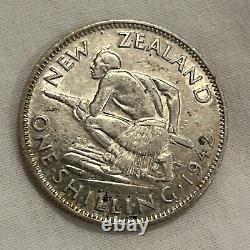 1942 Nouvelle-zélande Silver Shilling Cassé Retour Au/bu Coin B03
