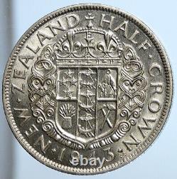 1943 NOUVELLE-ZÉLANDE Royaume-Uni Roi George VI Bouclier Argent 1/2 Demi-Couronne VIEILLE Pièce de Monnaie i111381