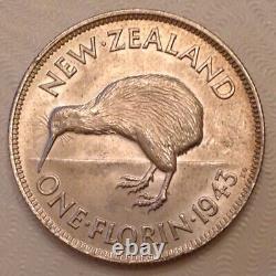 1943 Nouvelle-Zélande George VI Florin d'argent Non circulé Non circulé