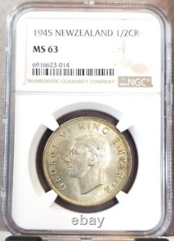 1945 Nouvelle-Zélande Argent 1/2 Couronne Armoiries NGC MS 63 Rare État de Frappe