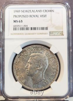 1949 Nouvelle-Zélande Argent 1 Couronne Feuille de Fougère George VI Ngc Ms 63 Belle Pièce