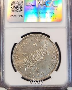 1949 Nouvelle-Zélande Argent 1 Couronne Feuille de Fougère George VI Ngc Ms 63 Belle Pièce