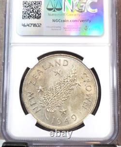1949 Nouvelle-Zélande Argent 1 Couronne Feuille de Fougère George VI Ngc Ms 64 Rareté Monnaie Bu