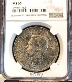 1949 Nouvelle-Zélande Argent 1 Couronne Fougère Feuille George VI Ngc Ms 65 Superbe Gem Bu