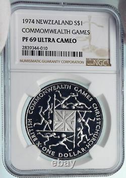 1974 Nouvelle-zelande X Jeux Du Commonwealth Vieille Elizabeth II Argent $1 Coin Ngc I85058