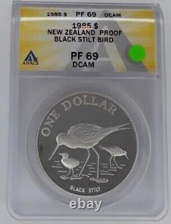 1985 Nouvelle-Zélande, Anacs Pf69 Dcam, Argent $1, Oiseau Courlis noir. Magnifique