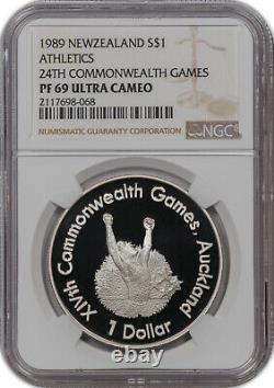 1989 Nouvelle-zélande $1 Dollar 24e Jeux Du Commonwealth Ngc Pf 69 Uc Finest Connu