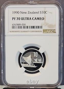 1990 Nouvelle-Zélande Argent 10 Cents Voiliers Ngc Pf 70 Ultra Cameo Rare Pop 1