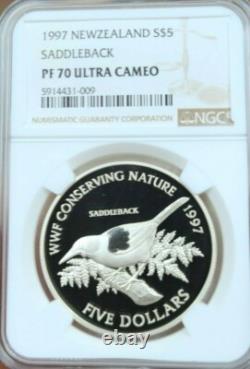 1997 Nouvelle-Zélande Argent 5 Dollars Saddleback Ngc Pf 70 Ultra Cameo Parfait Pop 1