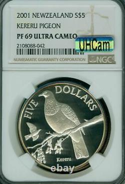 2001 New Zeland Silver $5 Pigeon Ngc Pf69 Mac Uhcam & Spotless 1000 Minted