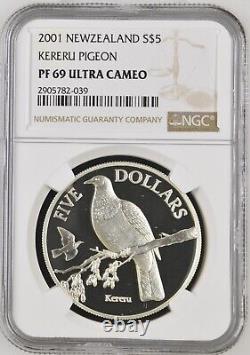 2001 Nouvelle-Zélande 5 Dollars NGC PF69 UCAM Preuve en argent de l'oiseau Kereru 1000 exemplaires fabriqués