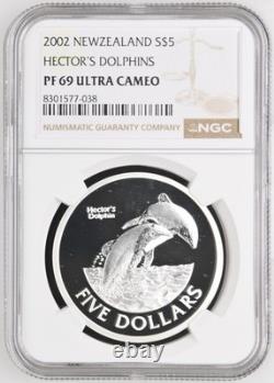 2002 Nouvelle-Zélande Argent 5 Dollars Épreuve Dauphins de Hector NGC PF 69 ULTRA CAMEO