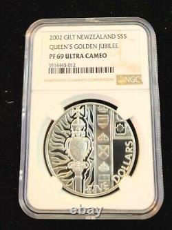 2002 Nouvelle-Zélande Argent 5 Dollars Jubilé d'Or de la Reine Ngc Pf 69 Ultra Camée