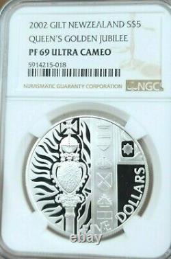 2002 Nouvelle-Zélande Argent 5 Dollars Jubilé d'Or de la Reine Ngc Pf 69 Ultra Cameo