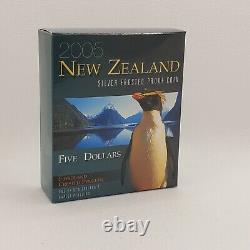 2005 $5 Nouvelle-zélande Fiordland Crested Penguin Preuve Pièce, Coa, Et Ogp