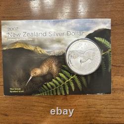 2007 Nouvelle-Zélande 1 $ Kiwi, 1 oz Argent Gem UNC avec carte d'histoire