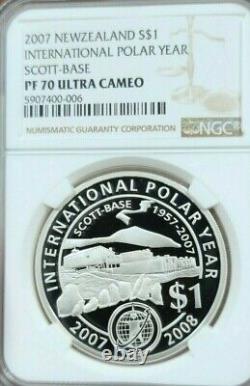 2007 Nouvelle-Zélande 5 Dollars en argent Année polaire de la base Scott Ngc Pf 70 Ultra Cameo