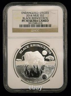 2014 Niue 2 $ Rhinocéros Noir NGC PF 70 ULTRA CAMEO 1 oz Espèces Menacées