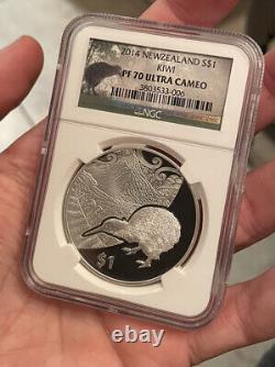 2014 Nouvelle-Zélande KIWI Argent Épreuve PF70 Ultra Cameo Pièce Rare NGC Étiquette Kiwi