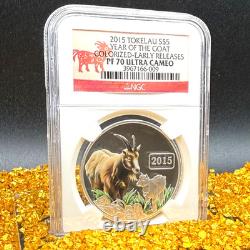 2015 1 oz 5 $ Tokelau Année de la Chèvre colorisée NGC ER PF70UC 1 sur 105 sans tache