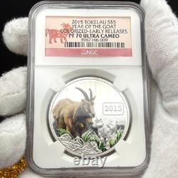 2015 1 oz 5 $ Tokelau Année de la Chèvre colorisée NGC ER PF70UC 1 sur 105 sans tache