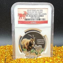 2015 1 oz 5 $ Tokelau Année de la Chèvre colorisée NGC ER PF70UC 1 sur 105 sans tache 2015 1 oz 5 $ Tokelau Année de la Chèvre colorisée NGC ER PF70UC 1 sur 105 sans tache