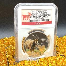 2015 1 oz 5 $ Tokelau Année de la Chèvre colorisée NGC ER PF70UC 1 sur 105 sans tache