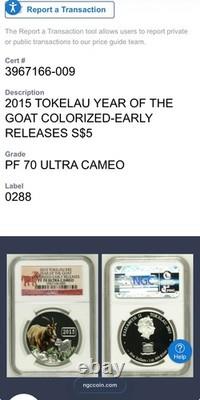 2015 1 oz 5 $ Tokelau Année de la Chèvre colorisée NGC ER PF70UC 1 sur 105 sans tache