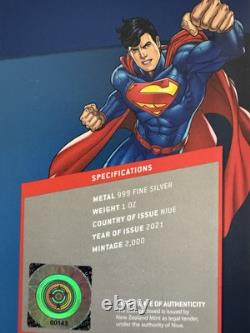 2021. 1 oz. 999 ARGENT PUR PIECE NIUE. OGP+COA. SUPERMAN VOLANT. SEULEMENT 2000 FRAPPÉES