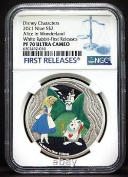 2021 NIUE 2 $ 1 oz Personnages Disney Alice au Pays des Merveilles Lapin Blanc NGC PF70 UC