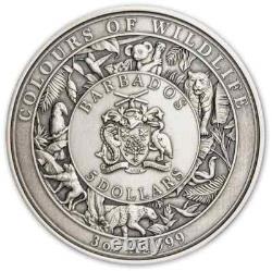 2022 Barbade 5 $ COULEURS DE LA FAUNE Koala Haut Relief 3 oz Argent Vieilli