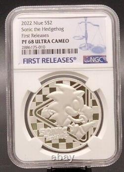 2022 Niue 1 Oz 2 $ Sonic The Hedgehog Ngc Pr68 Fr Erreur. Pièce en argent 999.