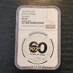2022 TUVALU 1 $ 1 oz 60 ans de James Bond 007 colorisée NGC MS70 cœur blanc 2022 TUVALU 1 $ 1 oz 60 ans de James Bond 007 colorisée NGC MS70 cœur blanc