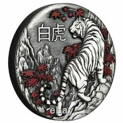 2022 Tuvalu 2 $ Tigre Blanc 2 Oz De. 9999 Pièce Couleur Antique D'argent 888 Fabriquée