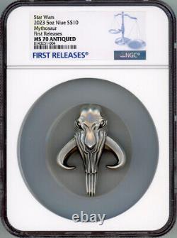 2023 Niue 5 oz Argent $10 Star Wars Mandalorian Mythosaur Head NGC 70 FR<br/>   
 <br/>   (Note: 'FR' stands for 'Fleur de Coin', which is a designation indicating a coin is in perfect condition)