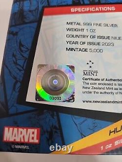 2023 Niue Marvel L'Incroyable Hulk 1 oz Pièce de Monnaie Colorisée en Argent Proof COA #00003