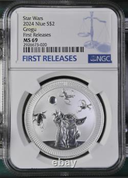 2024 Niue 1 Oz 2 $ Star Wars Le Mandalorien Grogu / Bébé Yoda Ngc Ms69 Fr